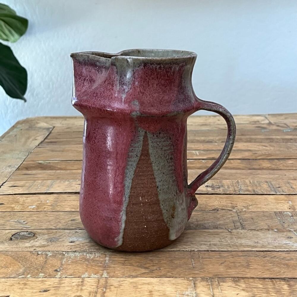 Studio Art Pottery Stoneware Pitcher 7.5" Light Red & Gray Drip Glaze Finesilver